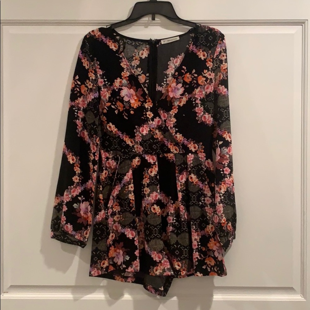 LF floral long sleeve romper with pockets